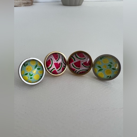 Classic Round  Fruit Stud Earring Set - Lemon and Watermelon Stud Earrings - Picture 3 of 14